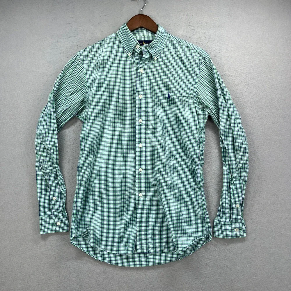 Ralph Lauren Shirt Mens M Green Blue Custom Fit Gingham Check Button Down Preppy